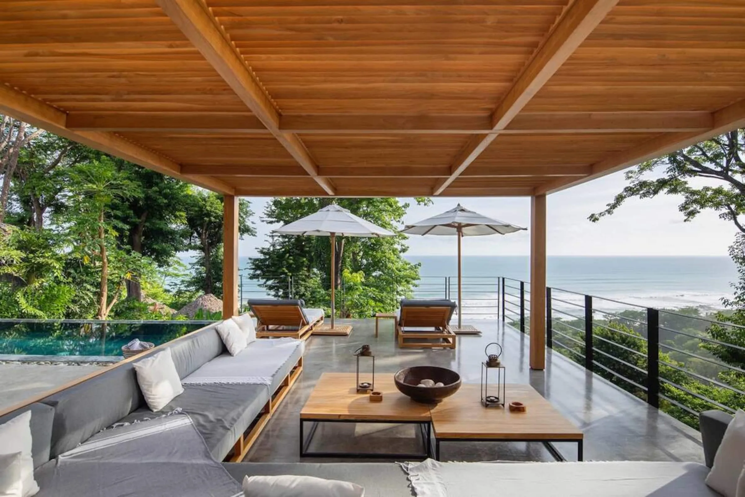 Shaded deck lounge with ocean views