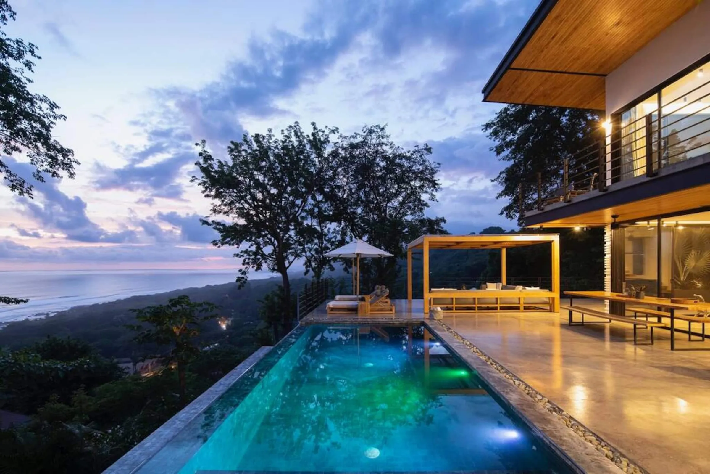 Pool glowing blue at twilight